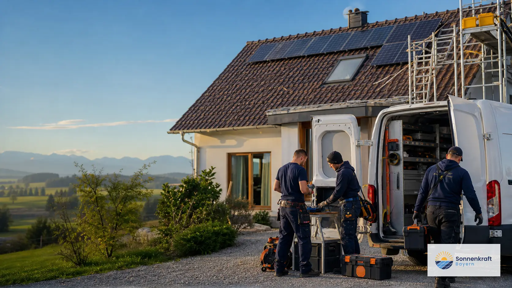 PV-Team bereitet Material an einem bayerischen Wohnhaus vor.