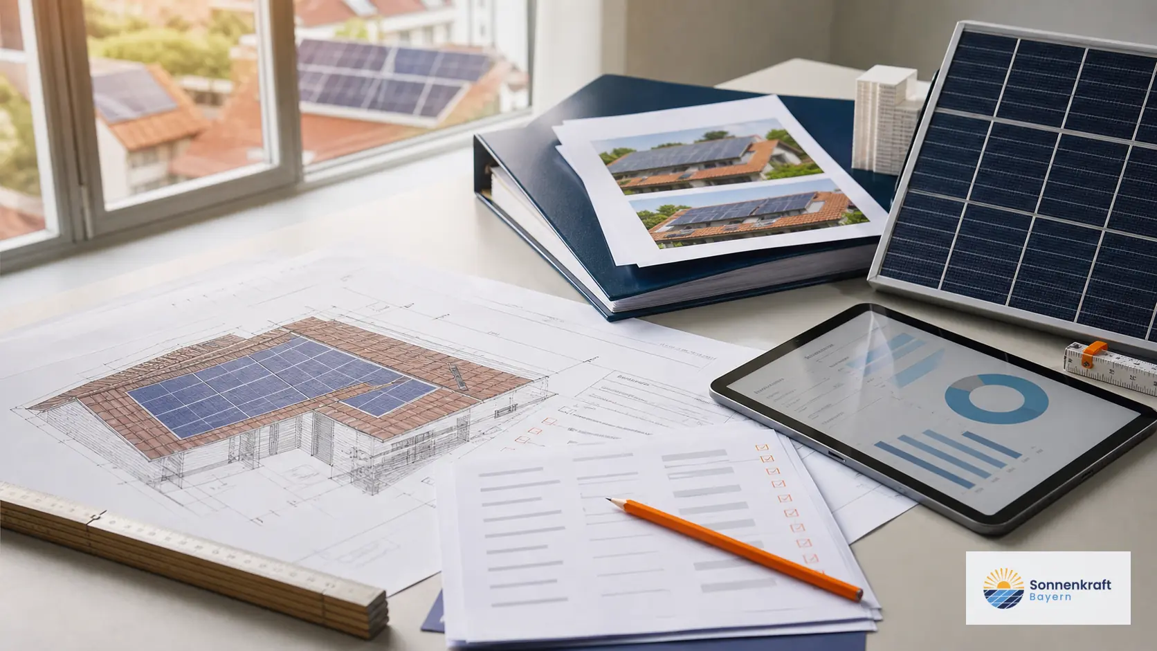 PV-Planungsunterlagen, Tablet und Solarmodul-Muster auf einem Arbeitstisch.