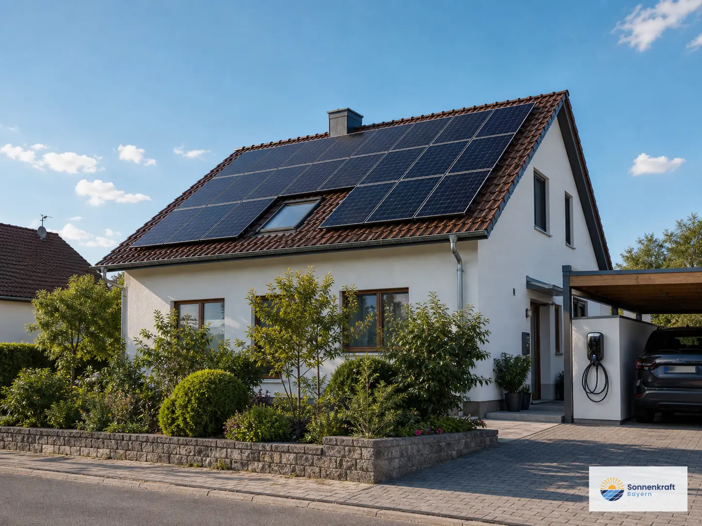 Wohnhaus in Bayern mit Photovoltaik-Anlage und Wallbox-Kontext.