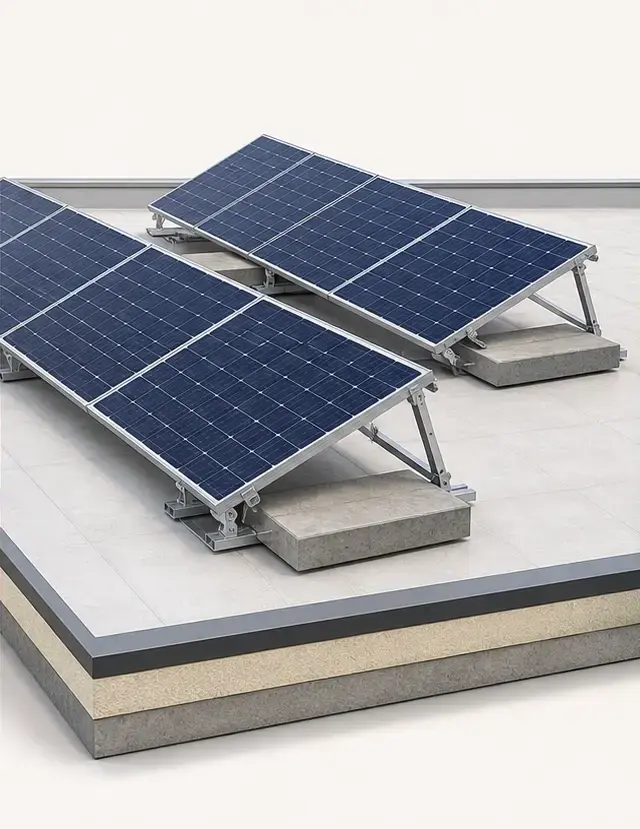 Generische Visualisierung aufgeständerter und ballastierter PV-Module auf einem Flachdach.