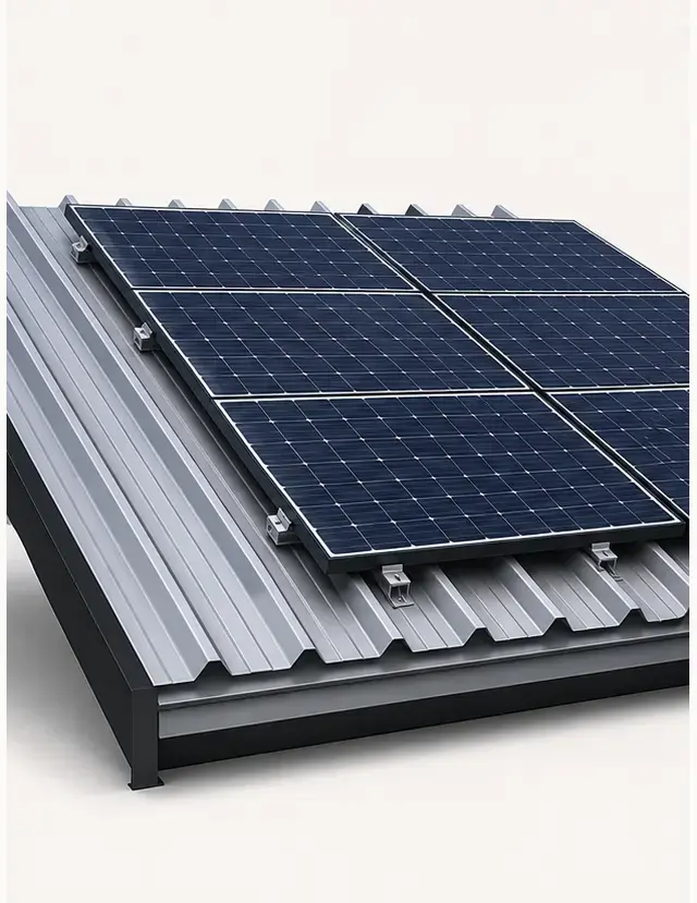 Generische Visualisierung direkt befestigter PV-Module auf einem Trapezblechdach.